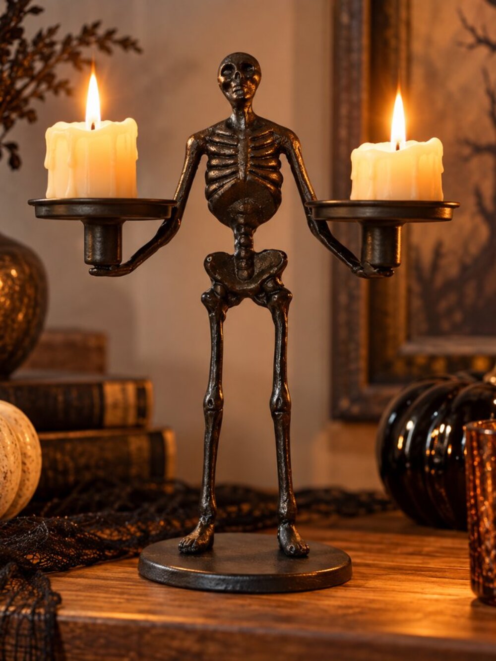 ALDI Halloween 13" Black Skeleton Candelabra Candle Holder Pottery Barn Dupe